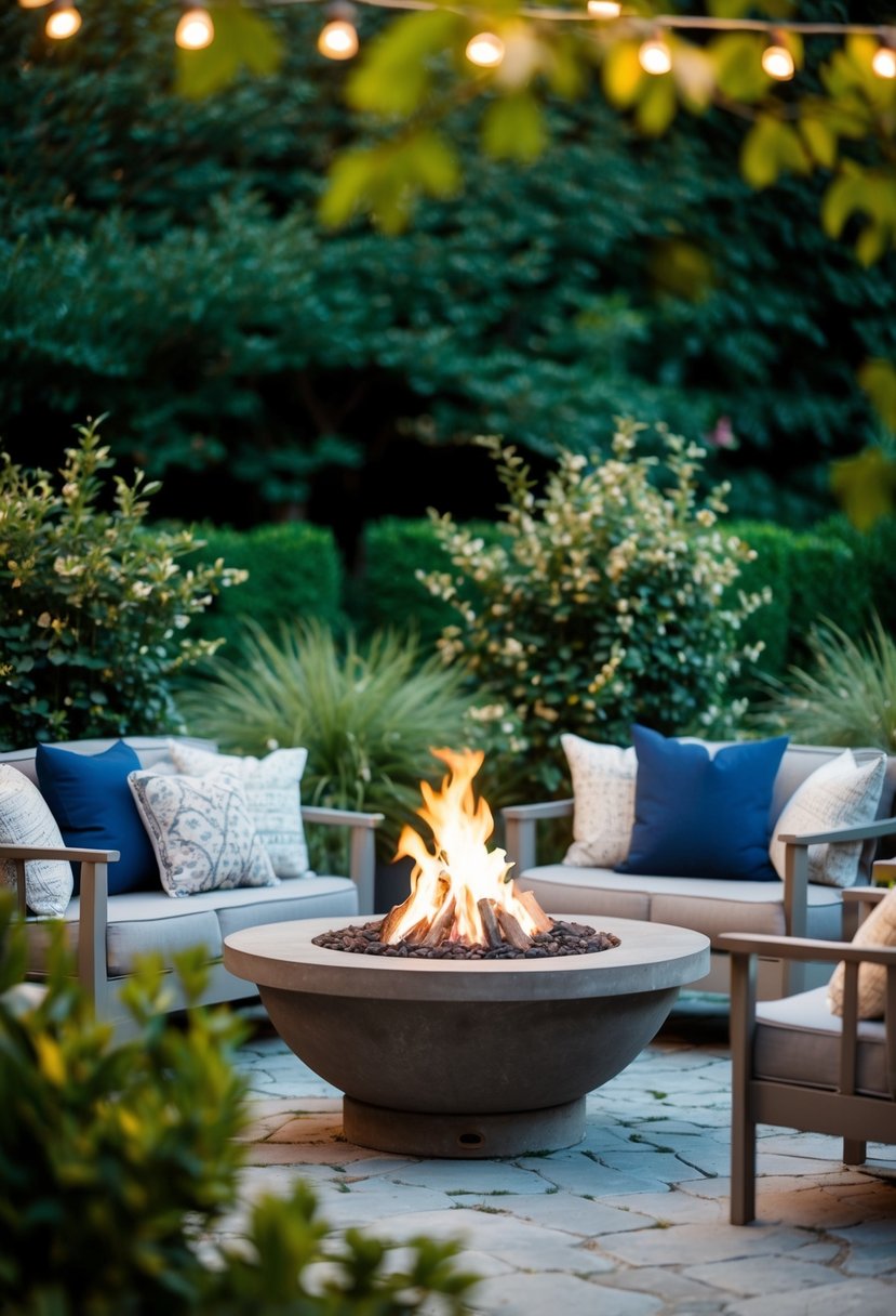 A cozy garden fire pit area with stone seating, surrounded by lush greenery and soft lighting