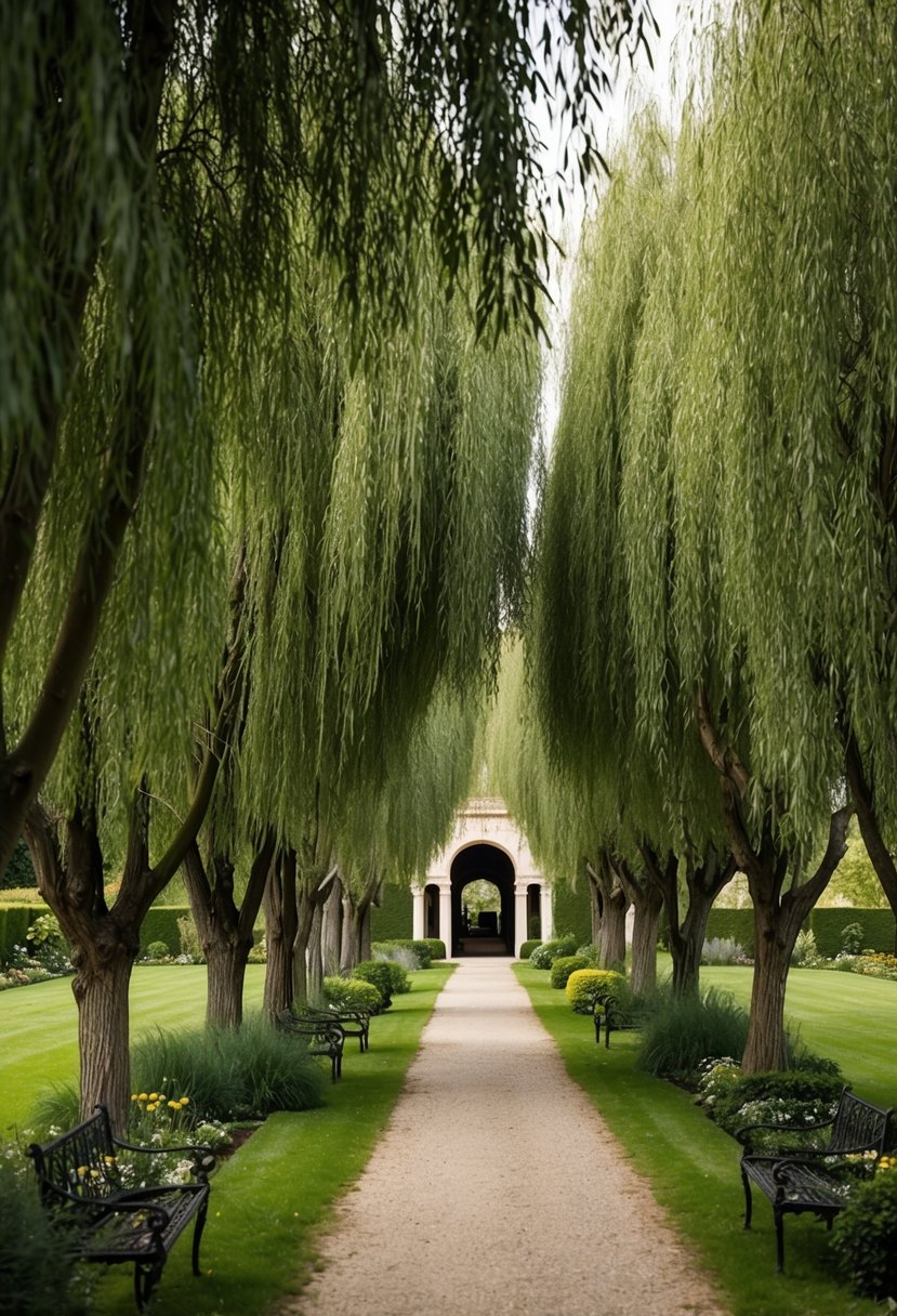 A path winds through a tunnel of willow trees, leading to 32 gardens with arched entrances