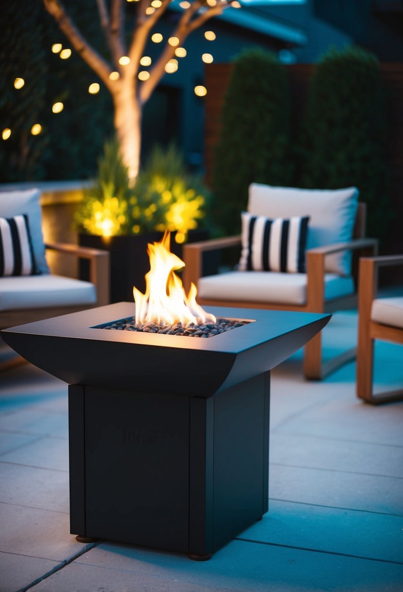 A sleek, modern bio-ethanol fire pit sits on a patio, surrounded by contemporary outdoor furniture and illuminated by soft ambient lighting