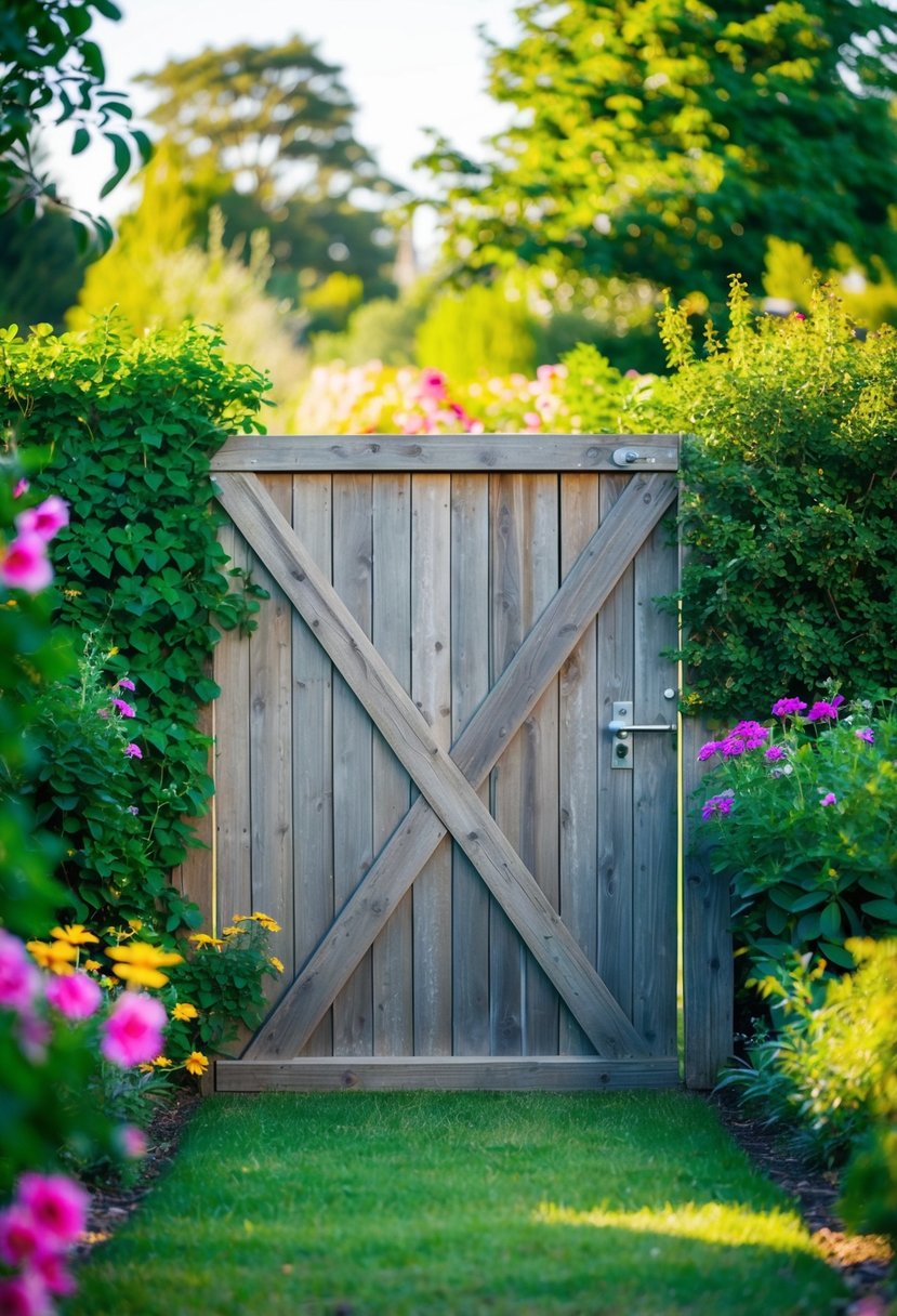 A rustic barn door gate stands in a lush garden, surrounded by vibrant flowers and greenery