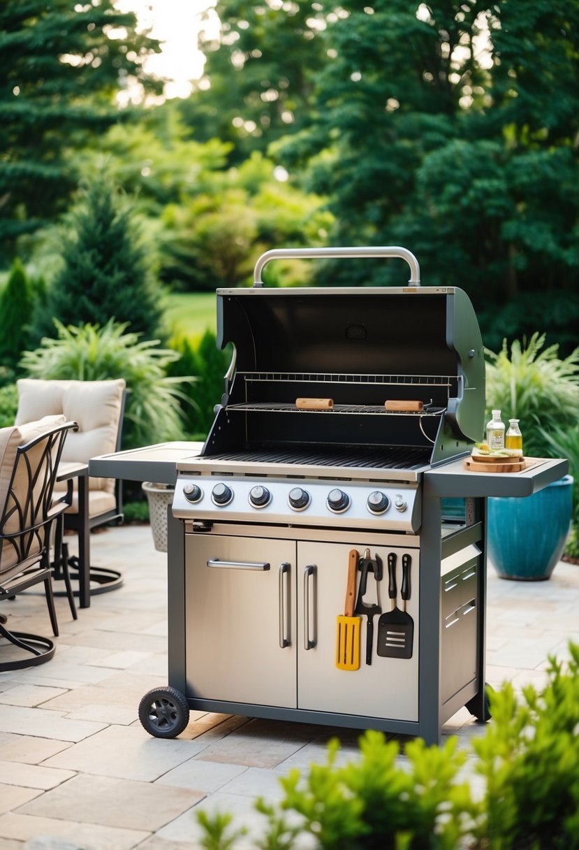 A patio with a BBQ area featuring a quick-access tool hanger, surrounded by outdoor furniture and greenery