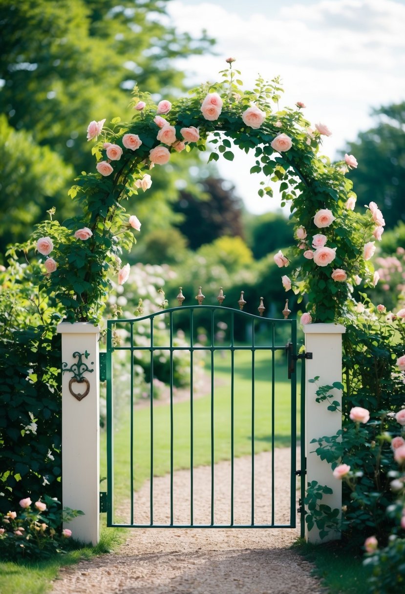 A charming garden gate adorned with climbing roses and surrounded by lush greenery