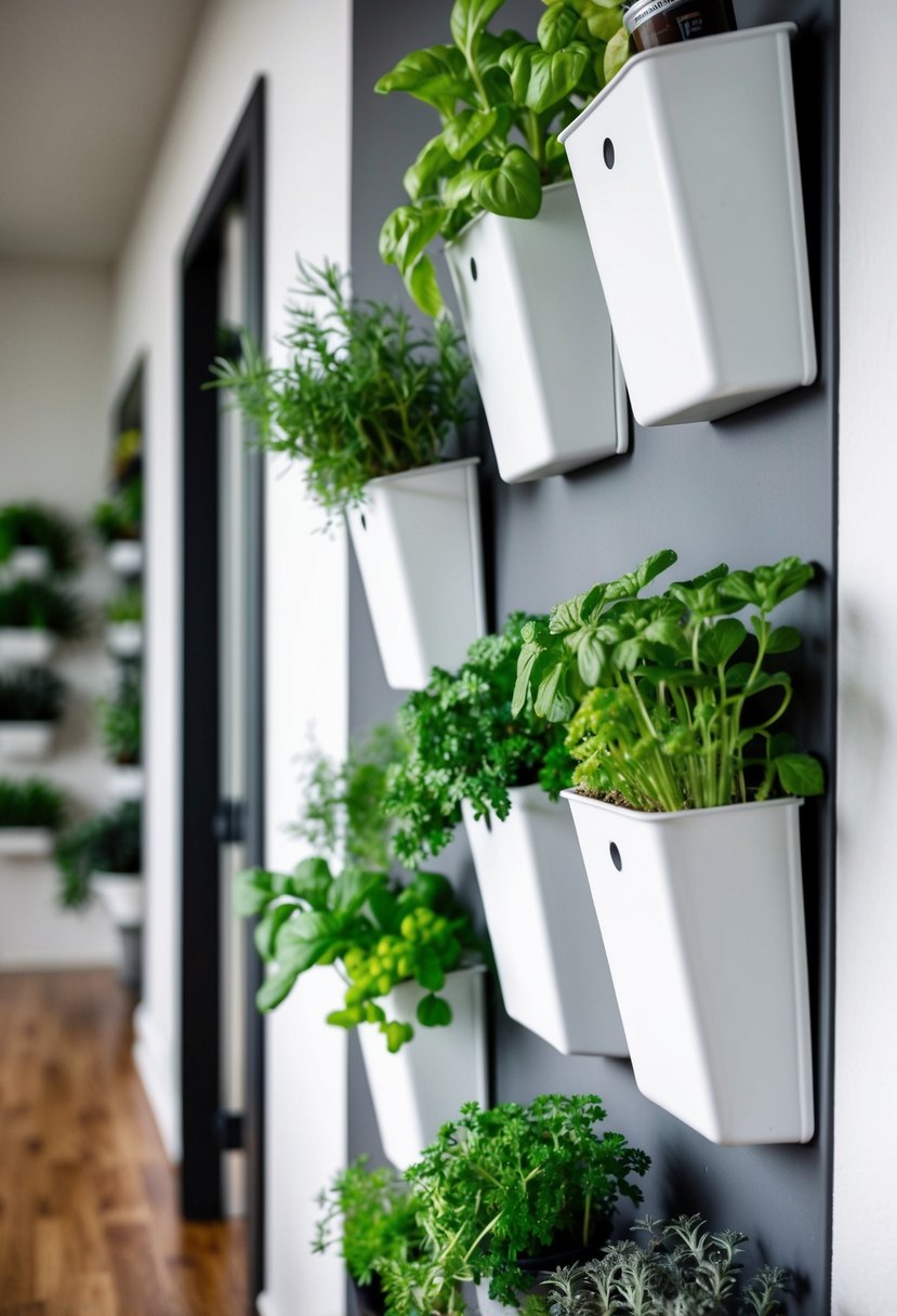 A vertical wall with 22 pocket planters filled with various herbs