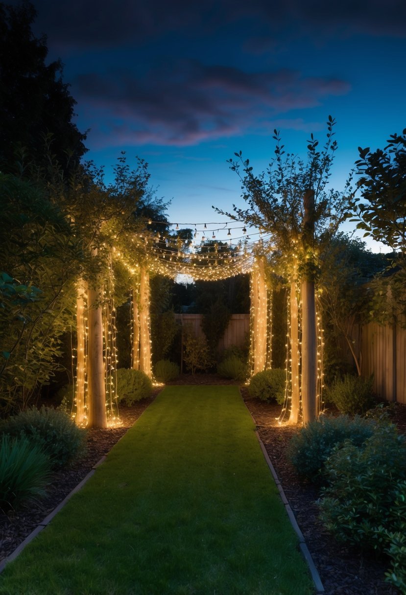 A garden at dusk with fairy light curtains draped across trees and bushes, creating a magical and enchanting atmosphere