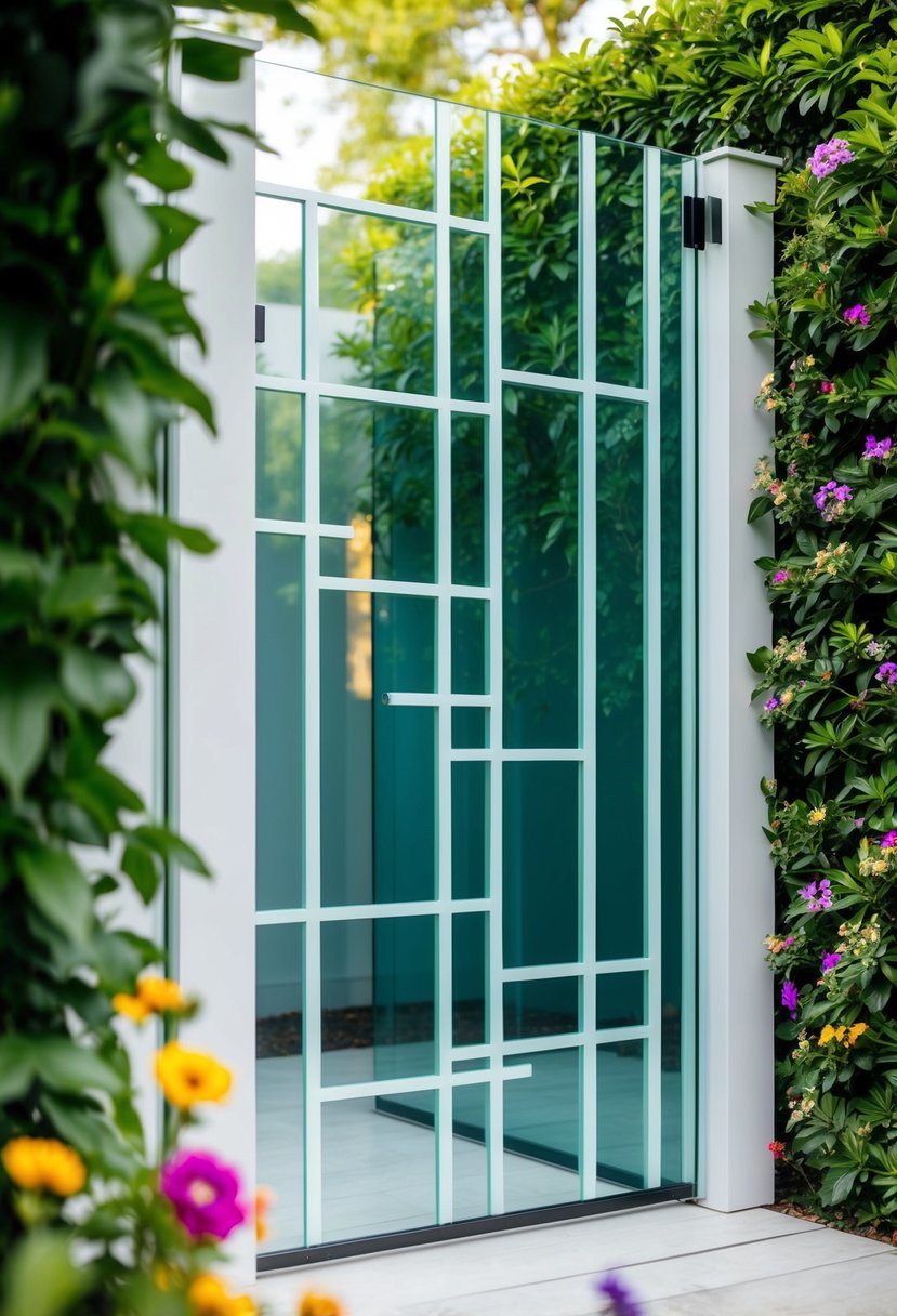 A sleek, modern glass garden gate with clean lines and geometric patterns, surrounded by lush greenery and colorful flowers
