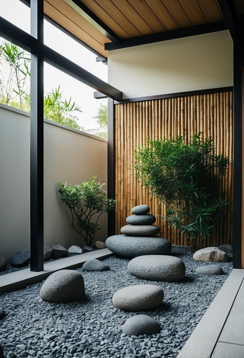 A tranquil Zen rock garden nestled within a minimalist Japandi patio, featuring carefully arranged stones, raked gravel, and a backdrop of bamboo and wooden elements