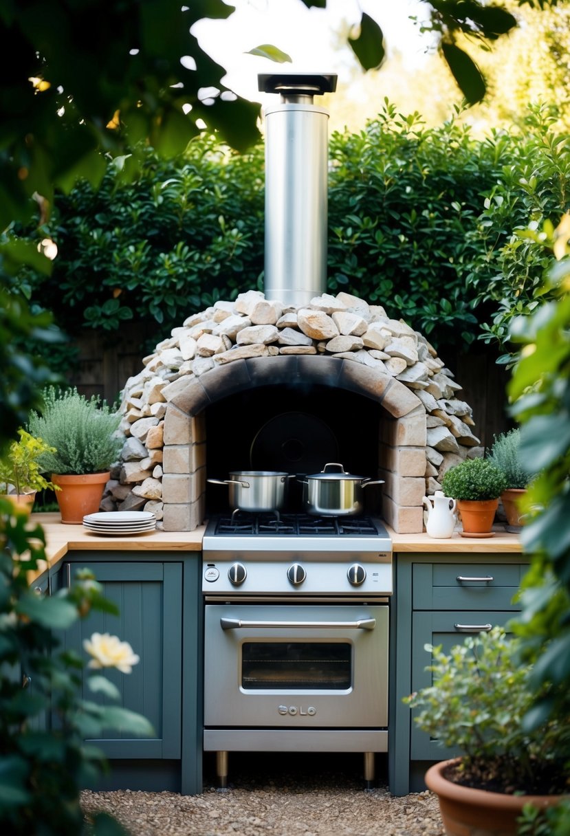 A cozy outdoor kitchen with a sleek Solo Stove Pi 27, surrounded by a rustic stone pizza oven, nestled in a lush garden setting