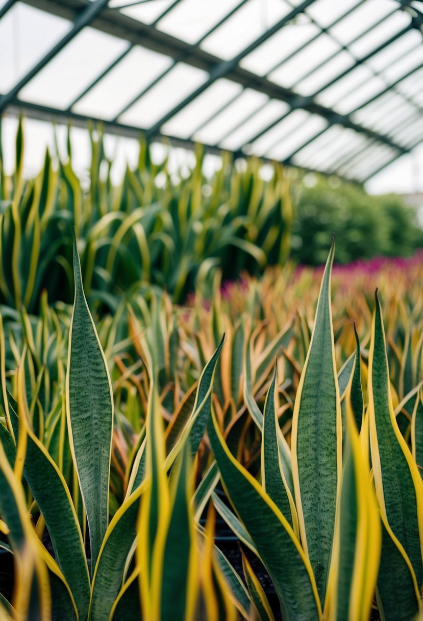 A lush greenhouse filled with rows of vibrant snake plants, creating a serene and tranquil atmosphere