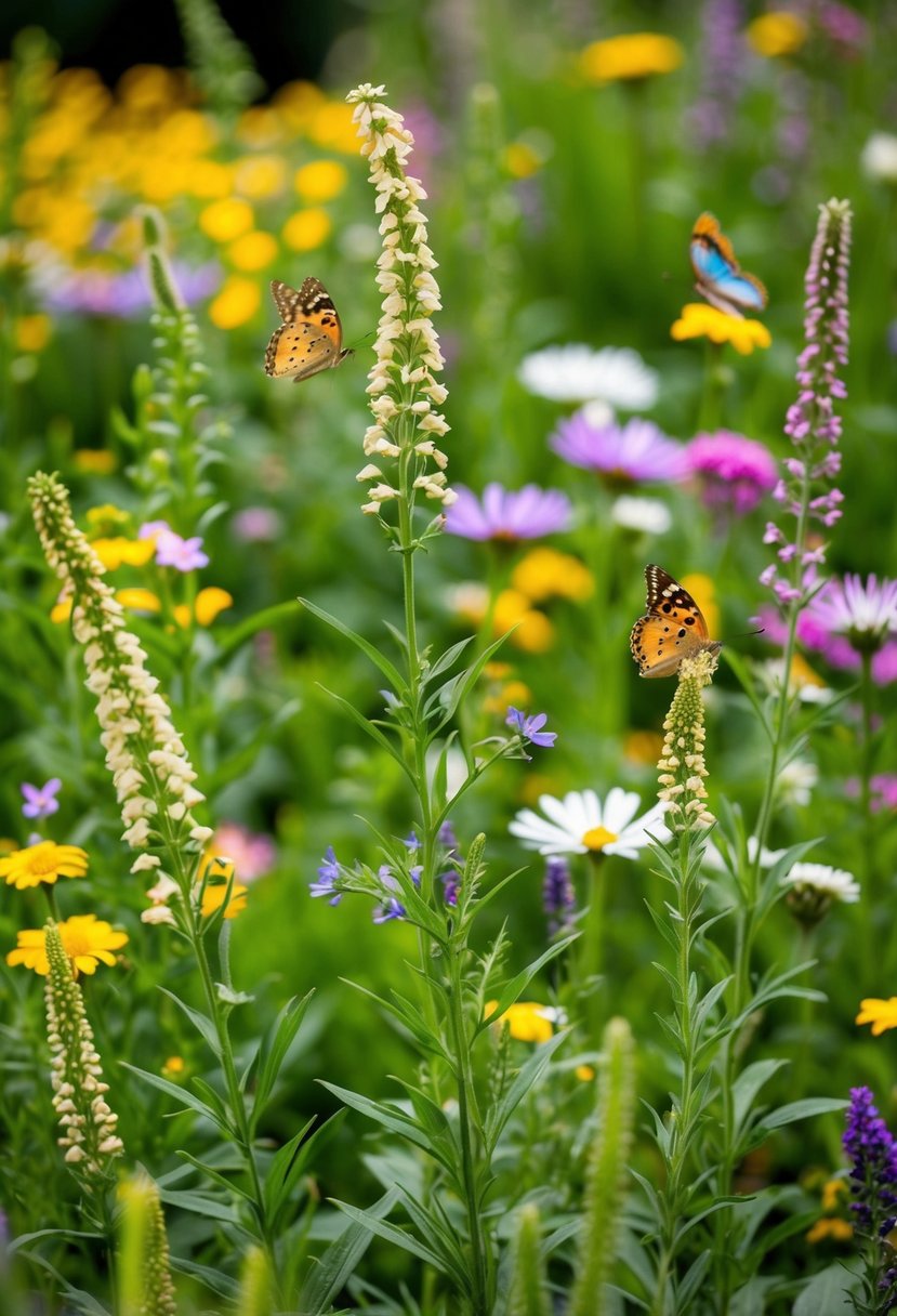 A lush garden filled with Joe-Pye Weed and various wild flowers. Tall stems sway gently in the breeze, while butterflies flit from bloom to bloom