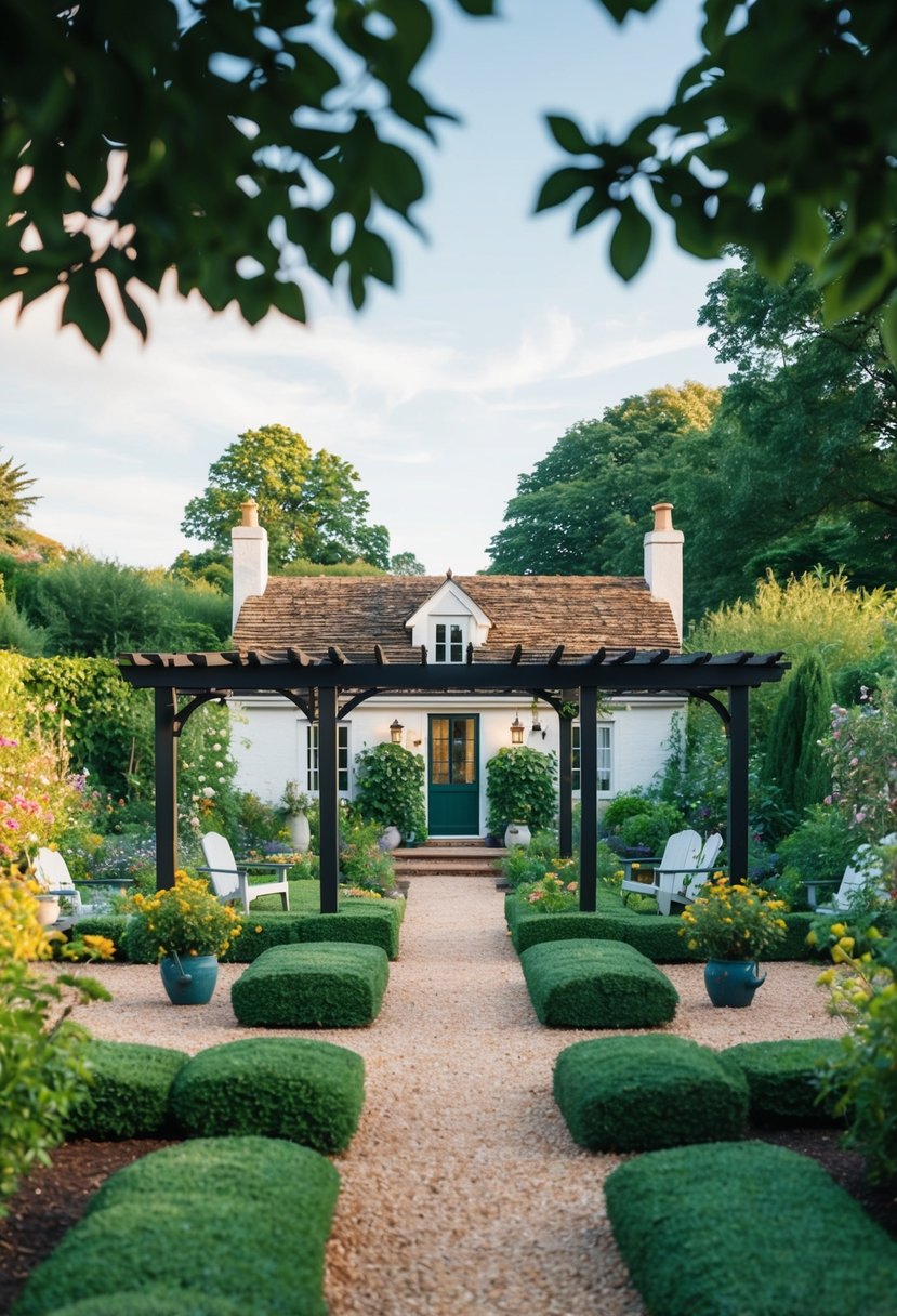 A cozy cottage surrounded by 43 lush gardens, each with a charming pergola