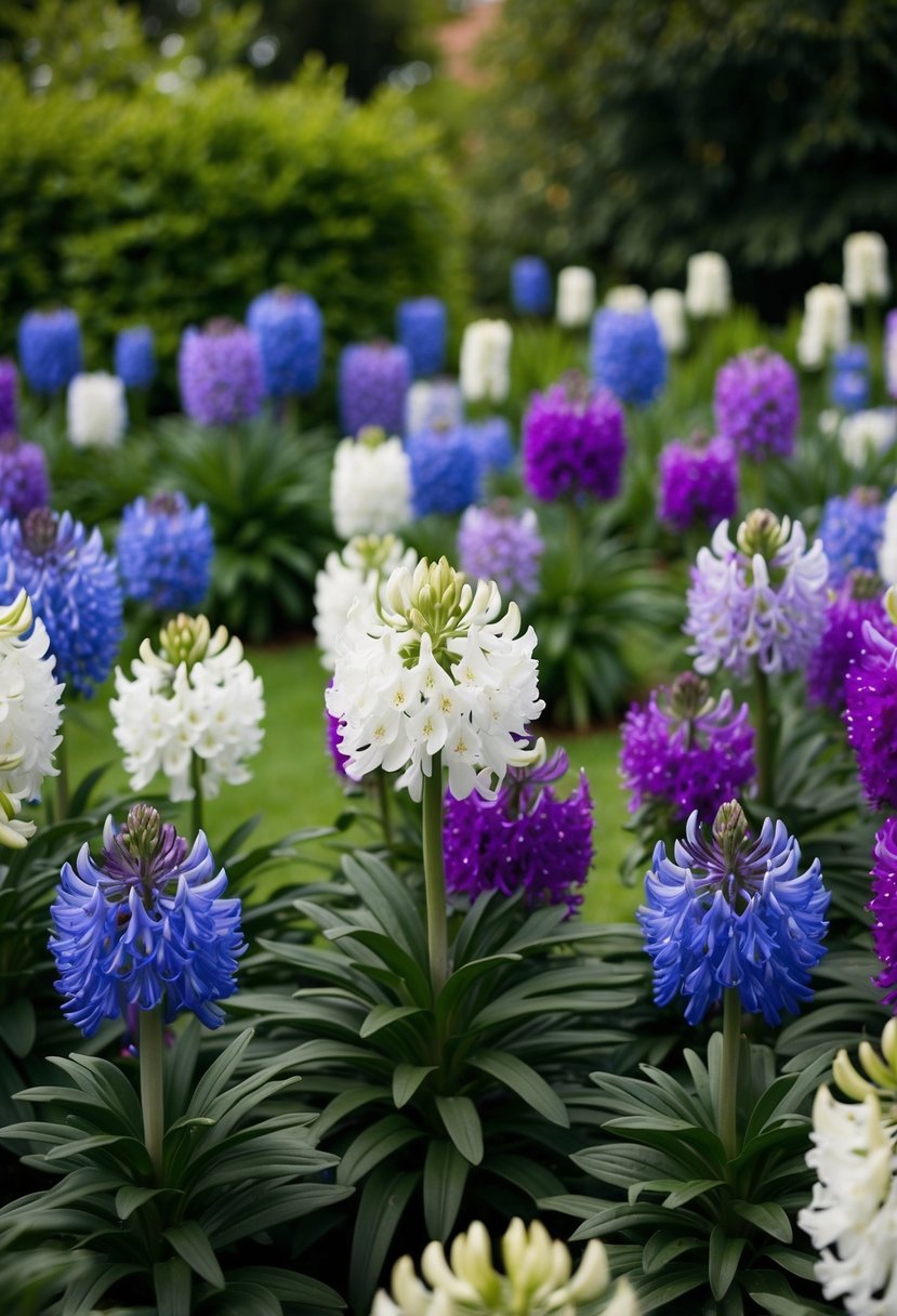 A garden filled with 48 blooming agapanthus plants in various shades of blue, purple, and white, surrounded by lush green foliage