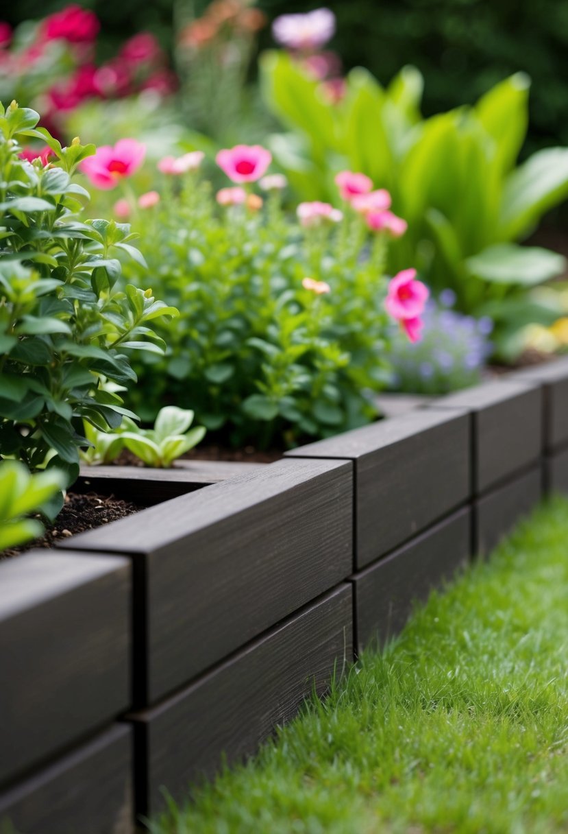 A garden with 35 dark espresso wooden sleepers forming borders