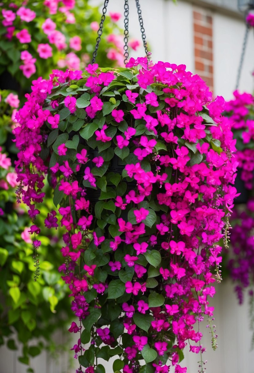 A lush, vibrant hanging basket overflowing with trailing fuchsia plants, cascading in a riot of pink and purple blooms