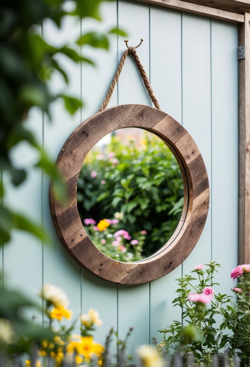A circular mirror made from reclaimed wood hangs on a garden wall, reflecting the greenery and flowers surrounding it