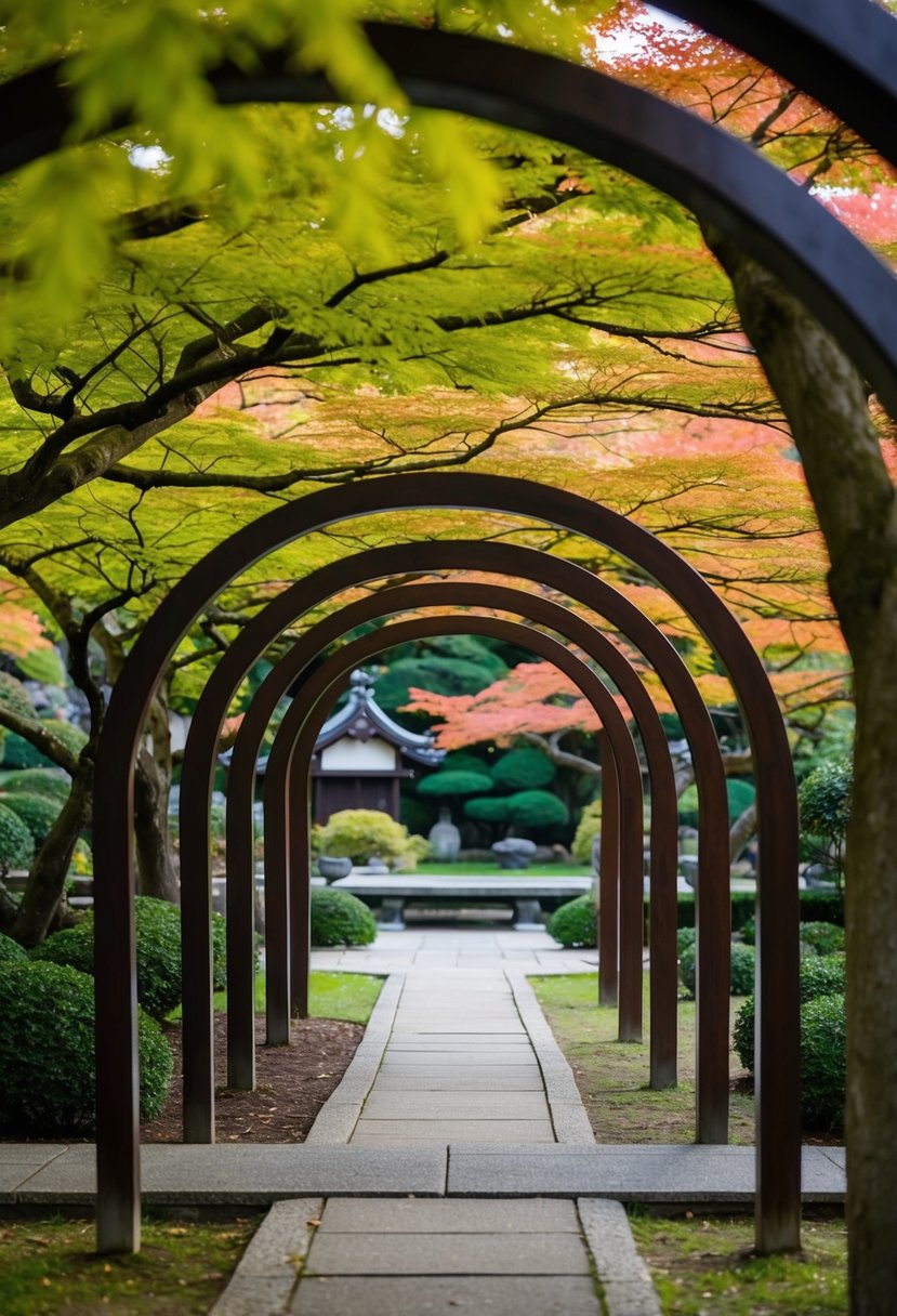 A serene Japanese maple garden with 27 arched arbors