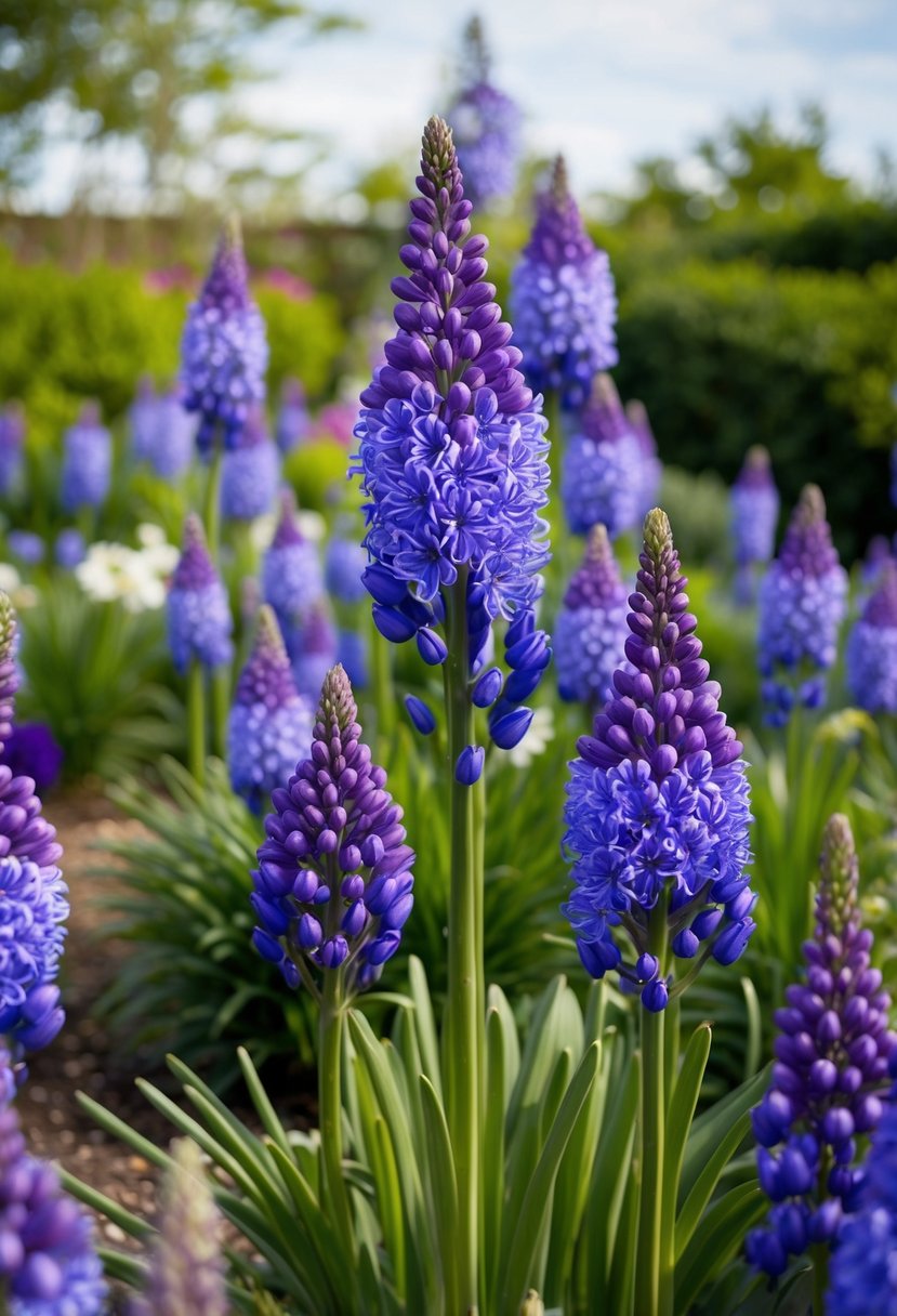 A lush garden filled with vibrant Agapanthus 'Lilliput' in full bloom, creating a sea of blue and purple hues. Tall green stems sway gently in the breeze