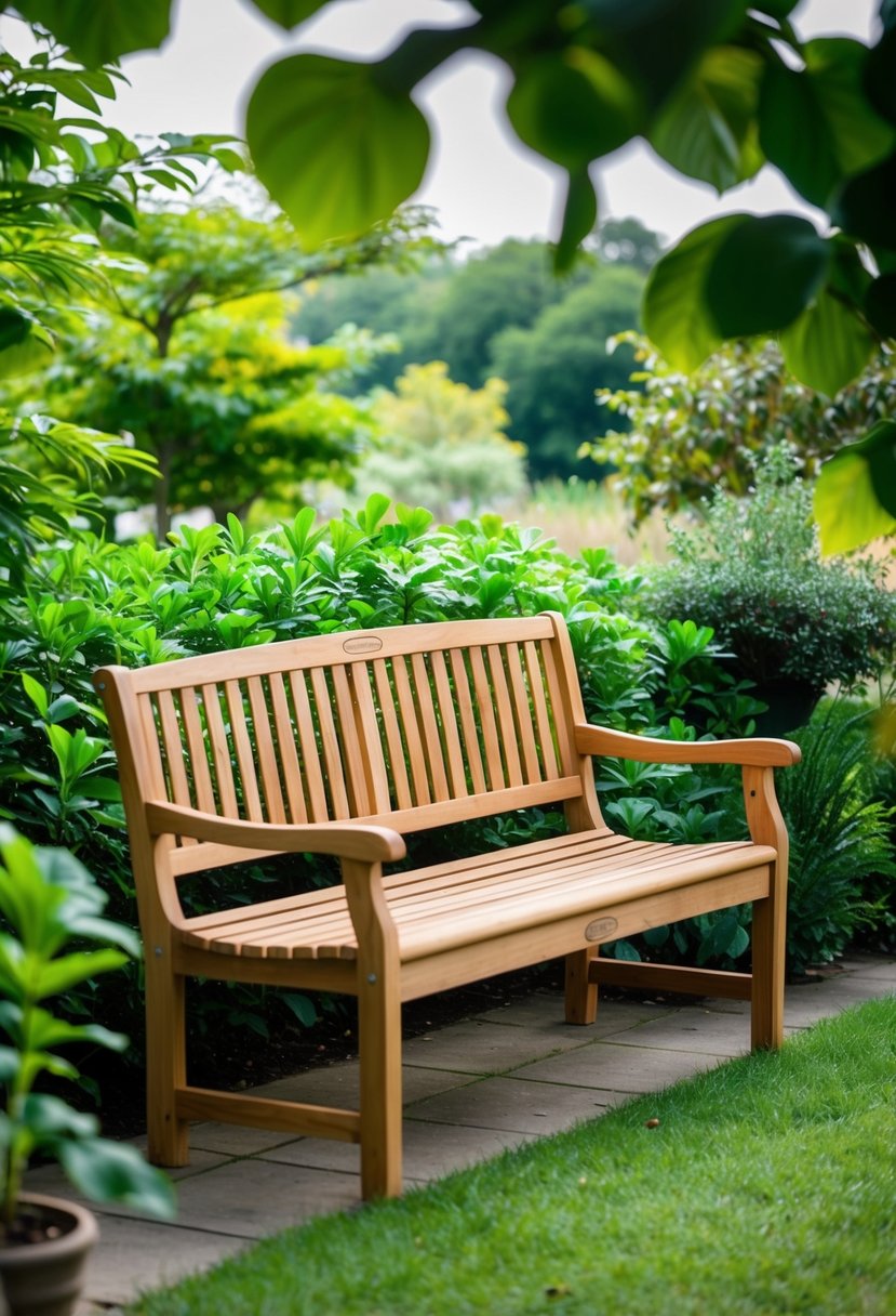 A teak bench surrounded by lush greenery in a tranquil garden setting