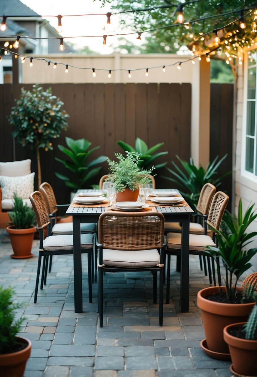 A cozy outdoor dining set surrounded by potted plants and string lights on a patio