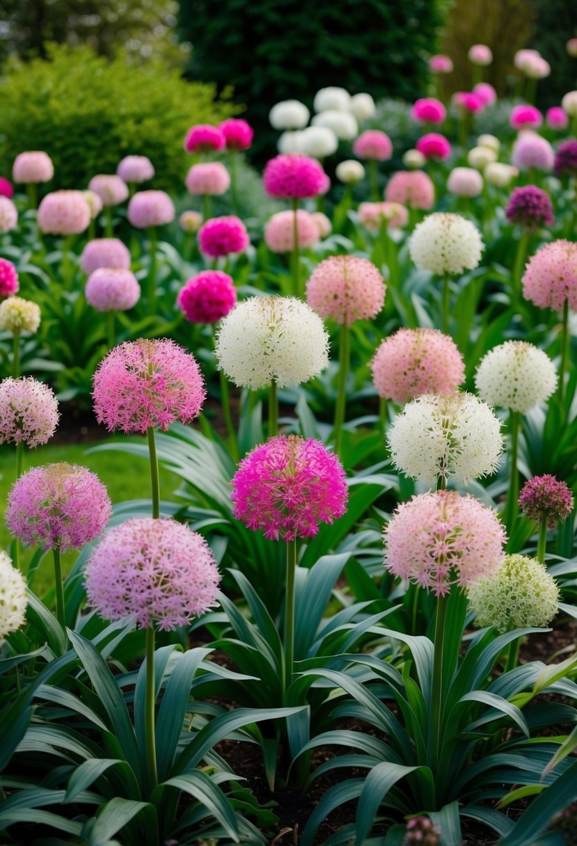 A garden filled with blooming Allium Roseum flowers in various shades of pink and white, surrounded by lush green foliage
