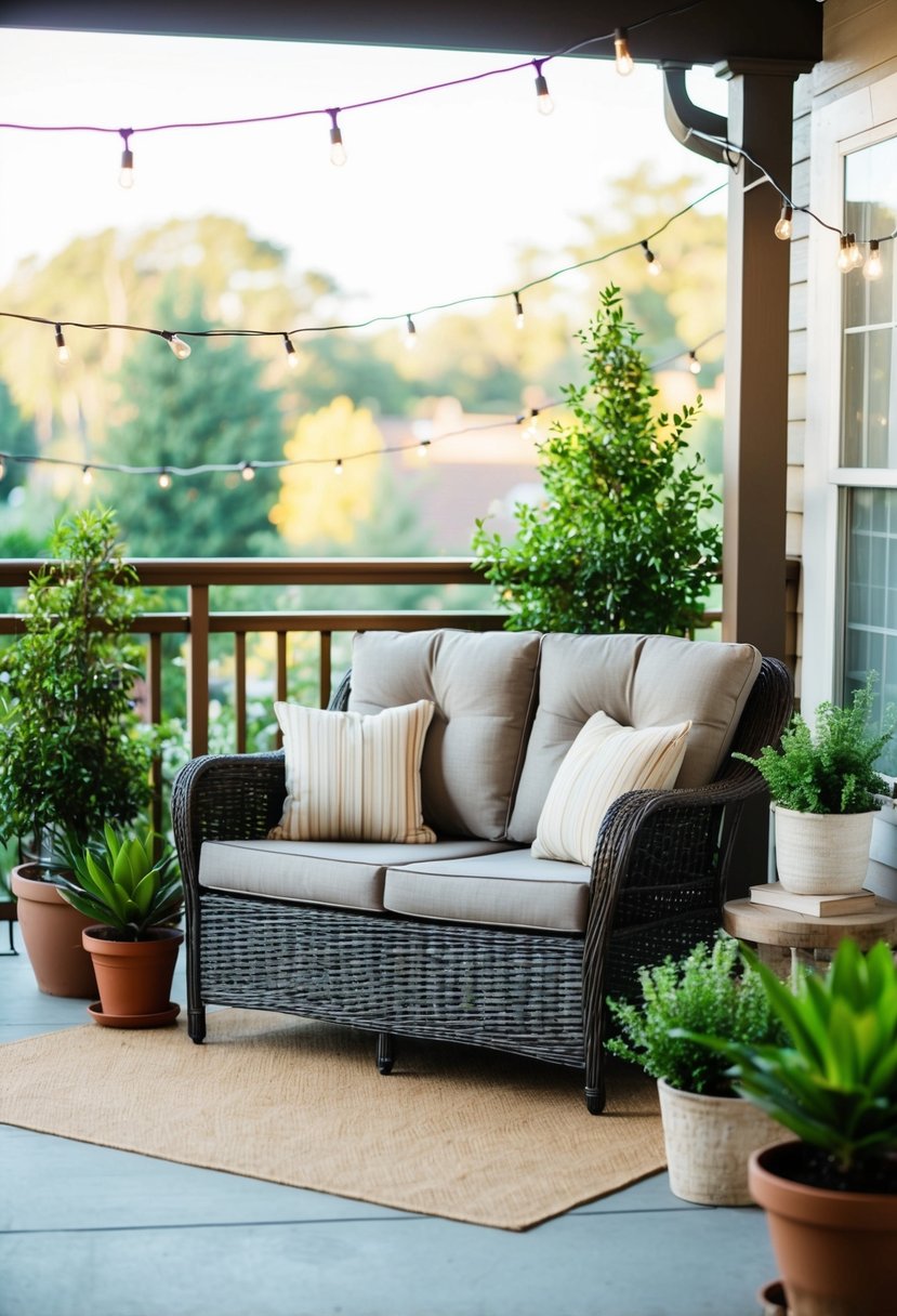 A wicker loveseat sits on a patio surrounded by potted plants and string lights, creating a cozy outdoor seating area