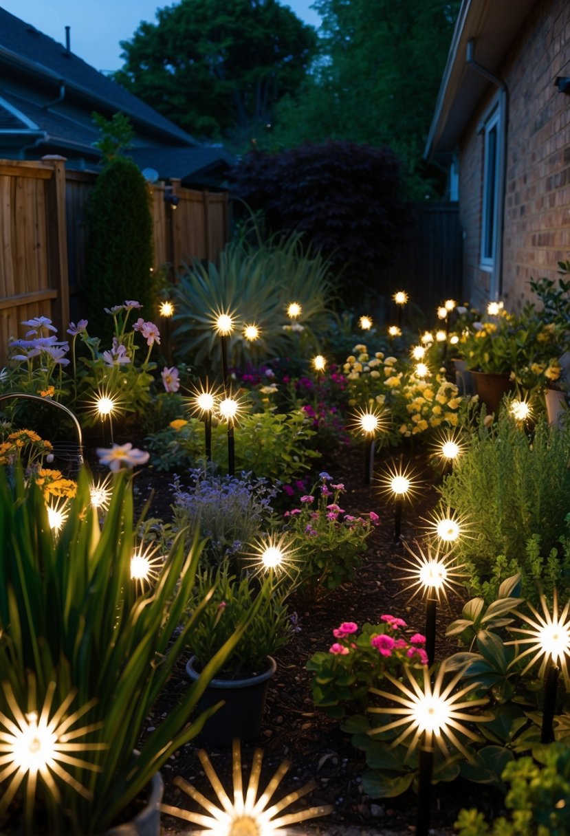 A backyard garden filled with various plants and flowers, illuminated by 49 starburst solar lights scattered throughout the space