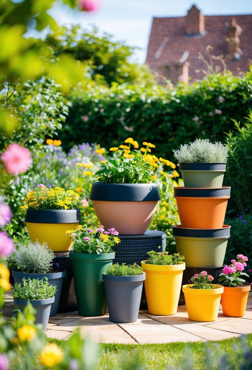 A variety of DIY self-watering pots and garden containers displayed in a sunny outdoor setting, surrounded by lush greenery and blooming flowers