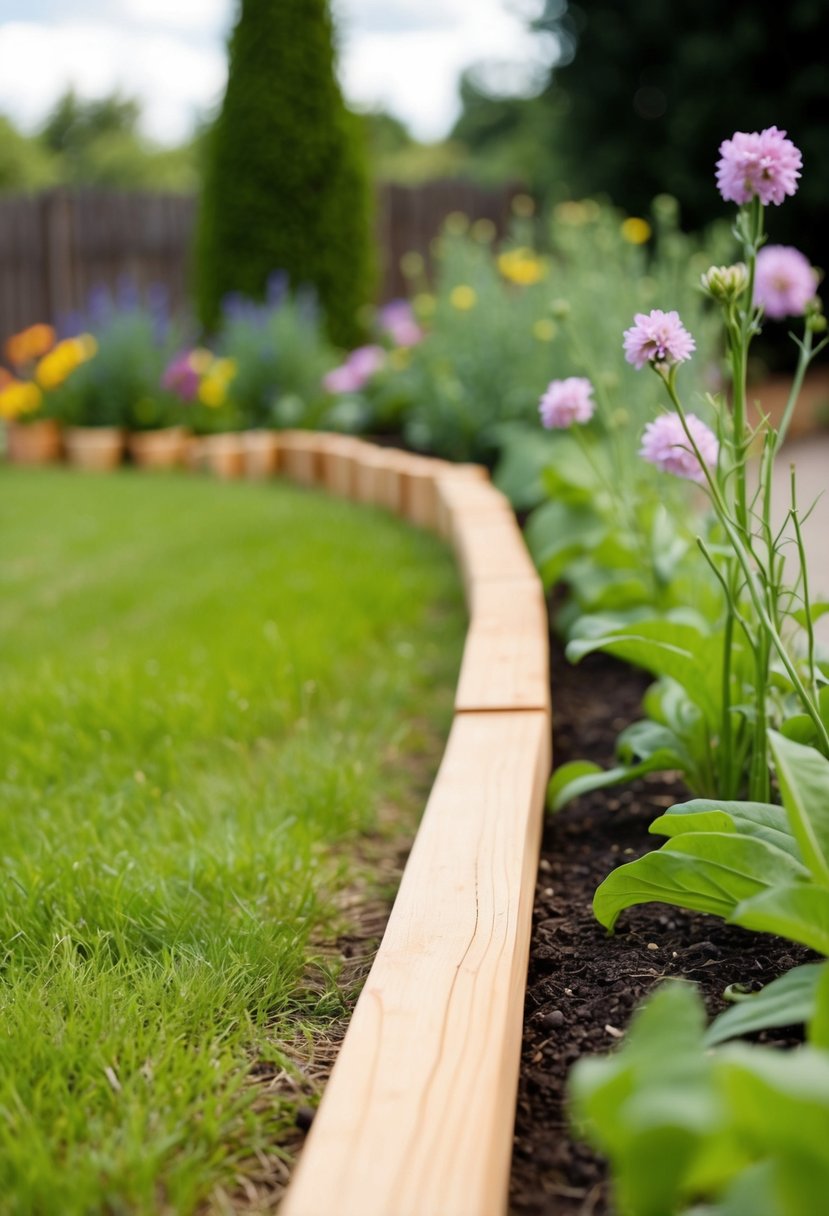 A row of beech softwood sleepers forms a border around a garden, creating a neat and rustic boundary for the flower beds