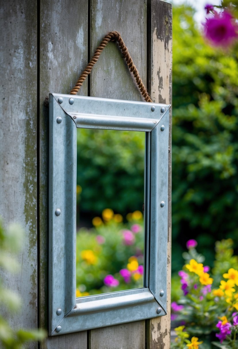 A galvanized metal frame mirror hangs on a weathered garden wall, reflecting the lush greenery and colorful blooms of the surrounding landscape