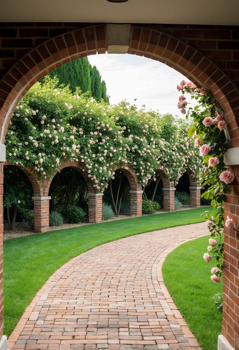 A brick path winds under a rose-covered arch in a garden with 32 arches