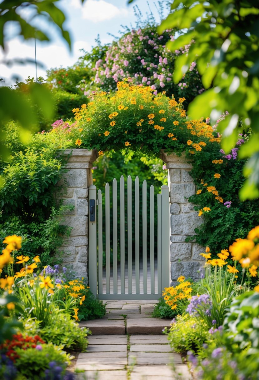 A stone entrance gate nestled within a lush garden, surrounded by colorful flowers and greenery