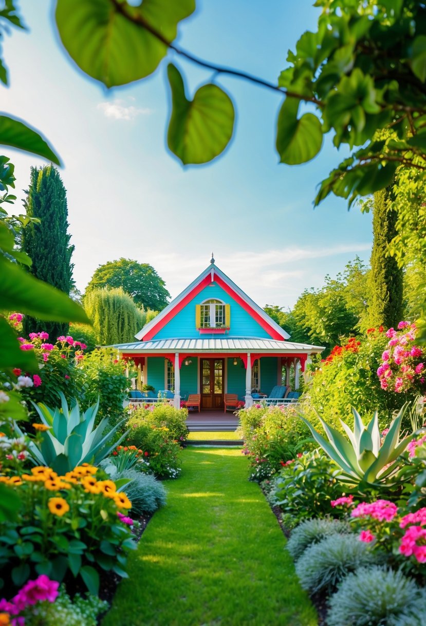 A lush garden with a colorful summer house surrounded by ornate plants and flowers