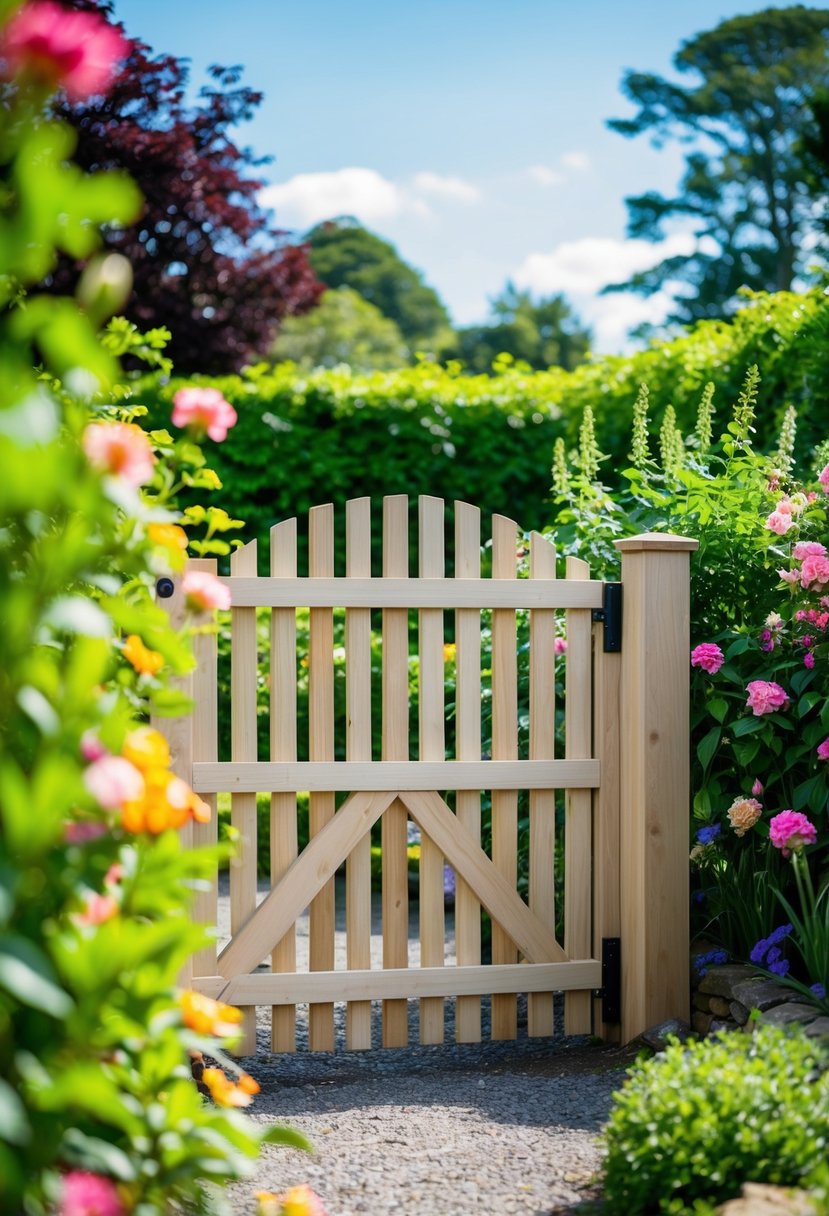 A slatted timber gate set within a lush garden, surrounded by vibrant flowers and greenery