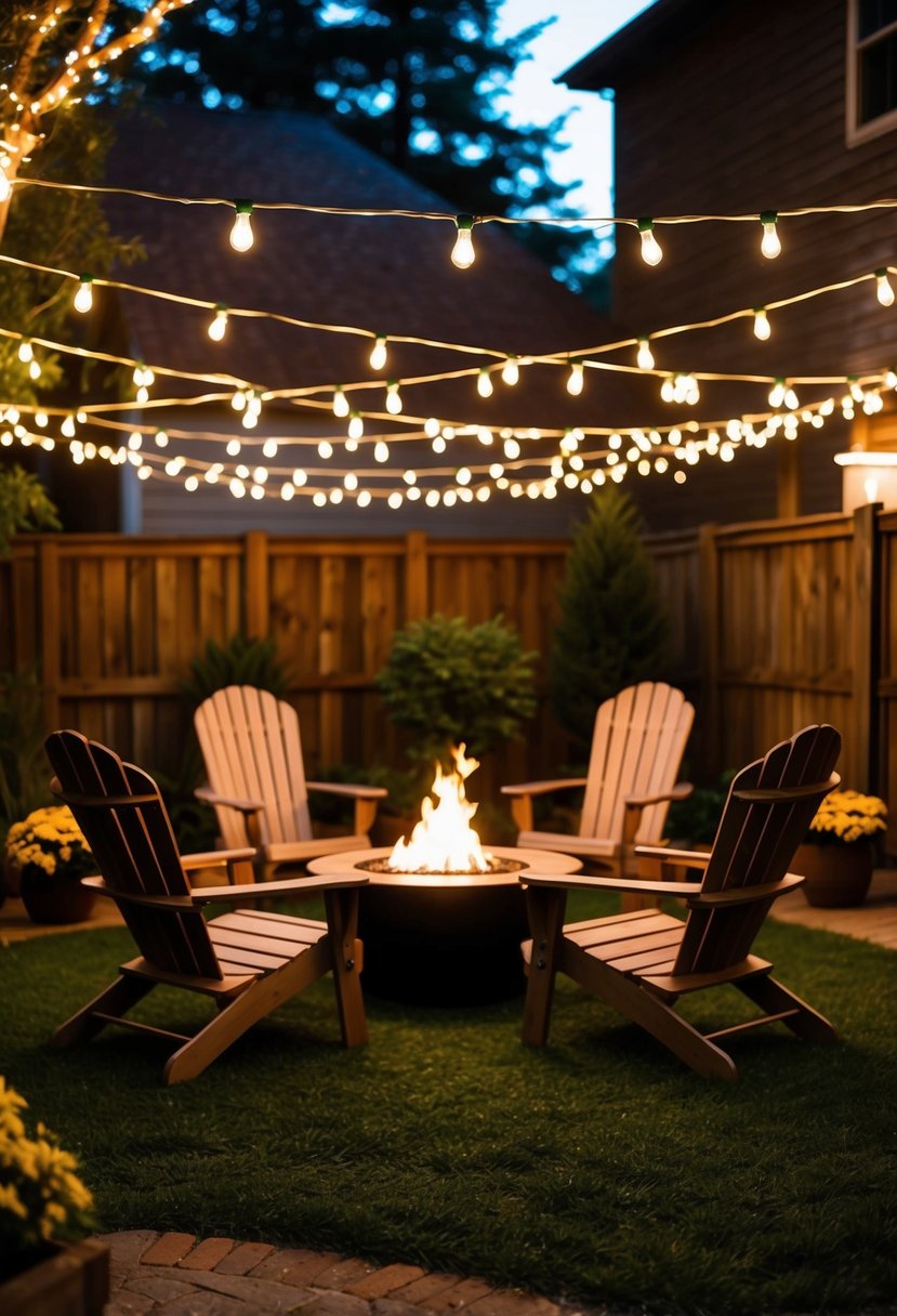 A cozy backyard with a small, round fire pit surrounded by Adirondack chairs and twinkling string lights