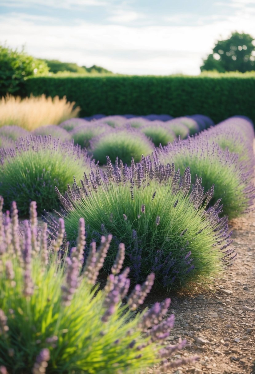 A garden filled with rows of lavender and ornamental grasses, creating a peaceful and fragrant landscape