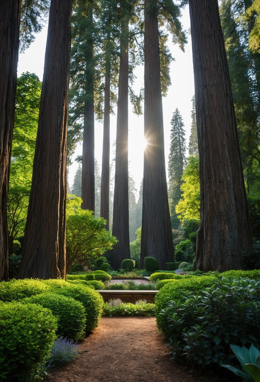 A lush garden filled with towering redwood trees, creating a peaceful and serene atmosphere