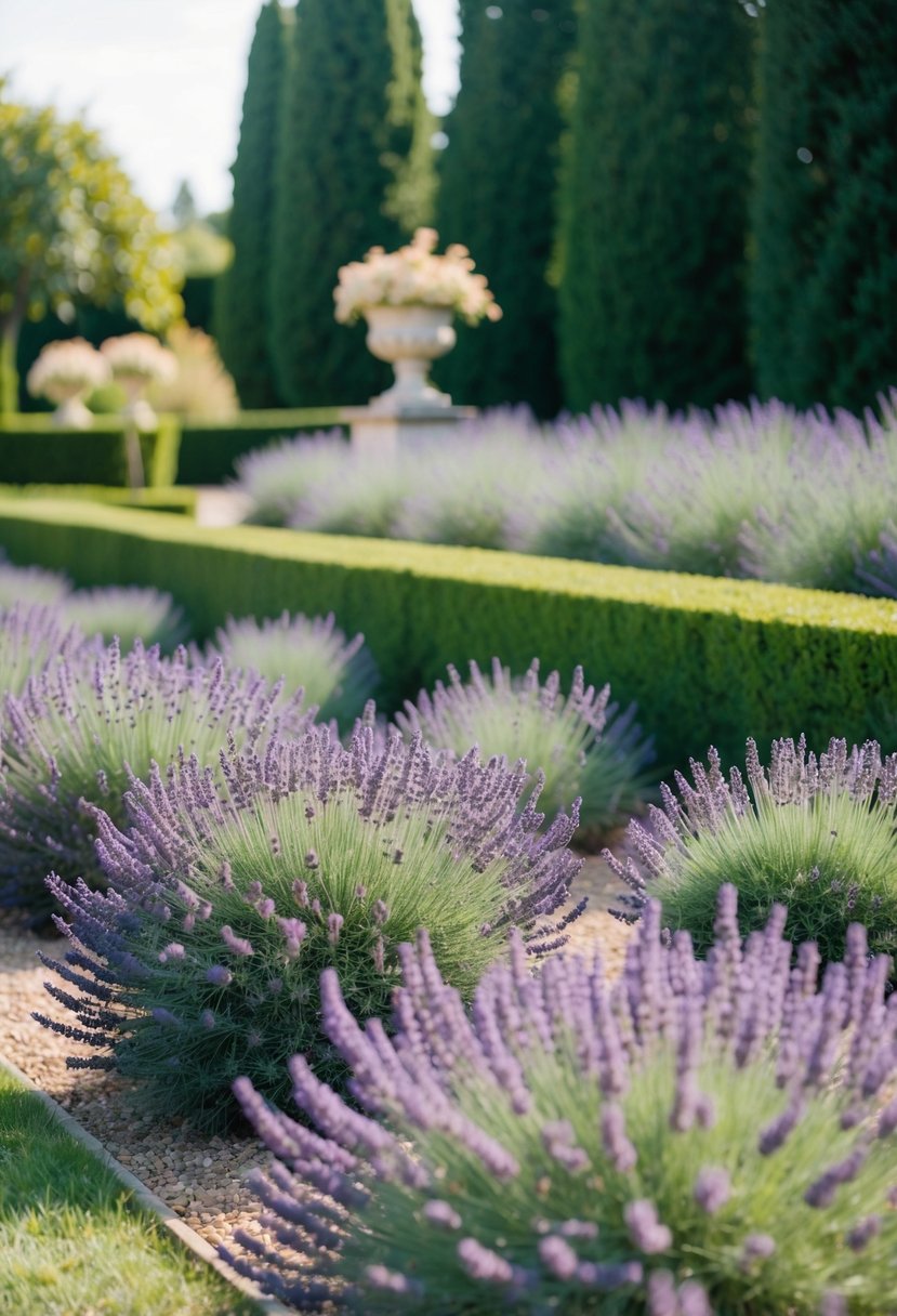 A formal French garden with neatly trimmed lavender hedges and 47 lavender plants in bloom