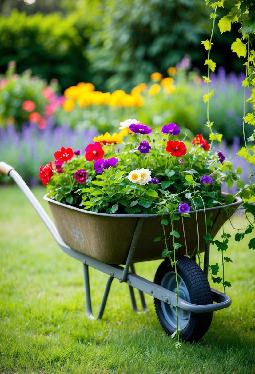A wheelbarrow filled with vibrant flowers and trailing vines, nestled in a lush garden setting