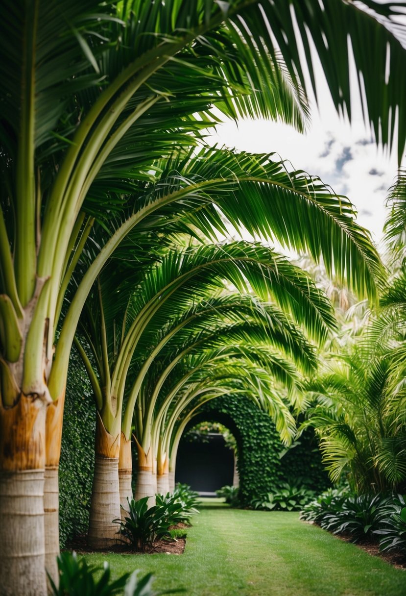 A lush garden with towering palm leaf archways creating a natural tunnel of greenery