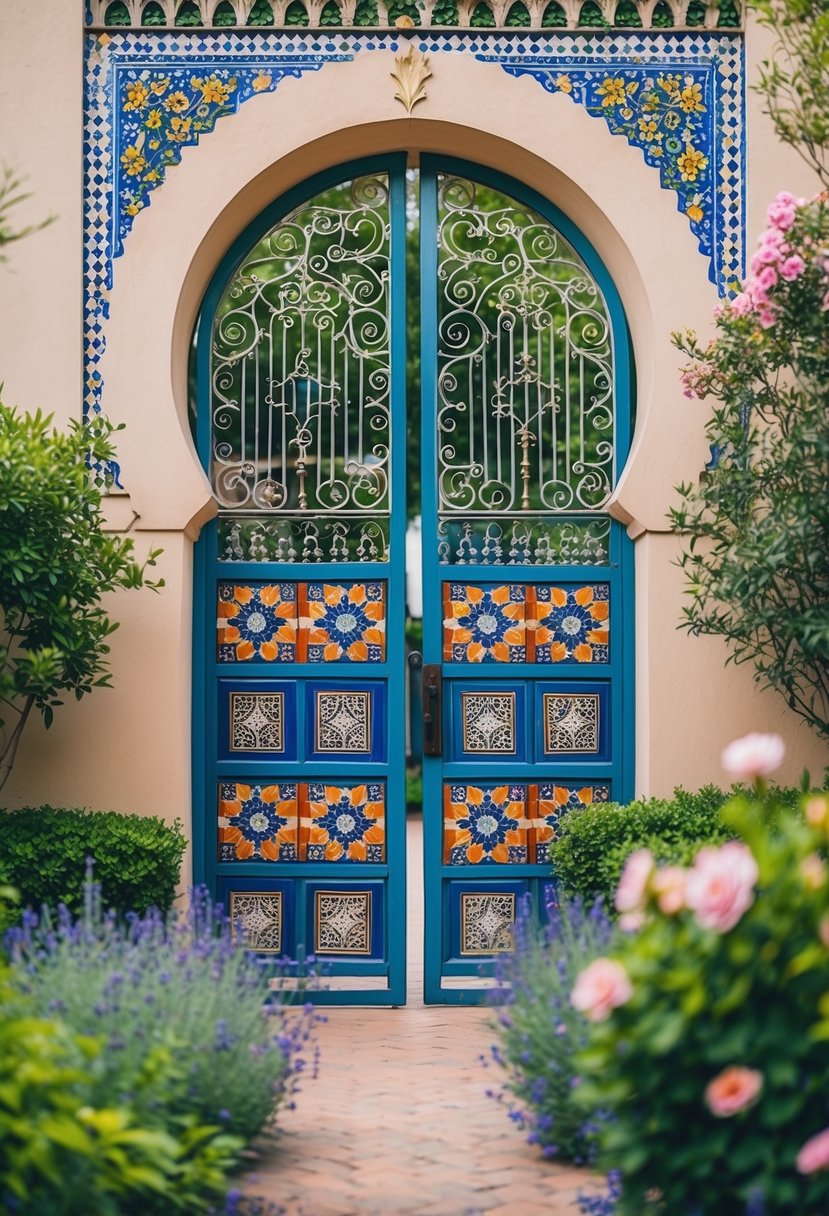 A Moroccan-style garden gate with intricate metalwork and colorful tiles, surrounded by lush greenery and blooming flowers