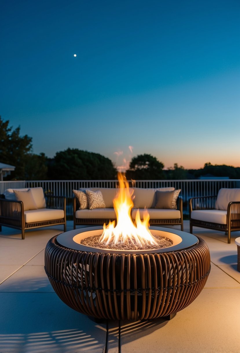 A modern rattan-designed fire pit surrounded by sleek outdoor furniture on a spacious patio, with soft ambient lighting and a clear night sky above