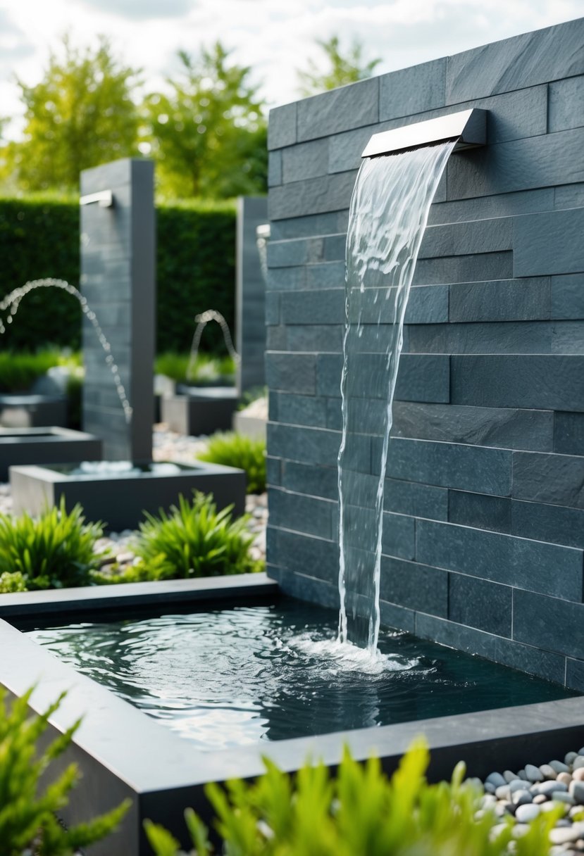 A sleek slate water wall stands among 39 modern garden water features, creating a tranquil and contemporary outdoor oasis