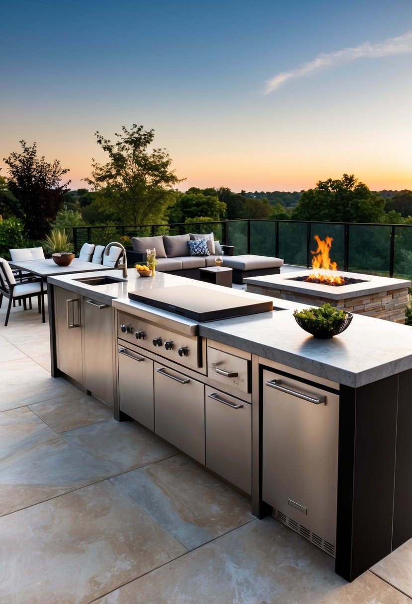 A sleek, modular outdoor kitchen with stainless steel appliances and a large, stone countertop overlooks a spacious patio with modern furniture and a fire pit
