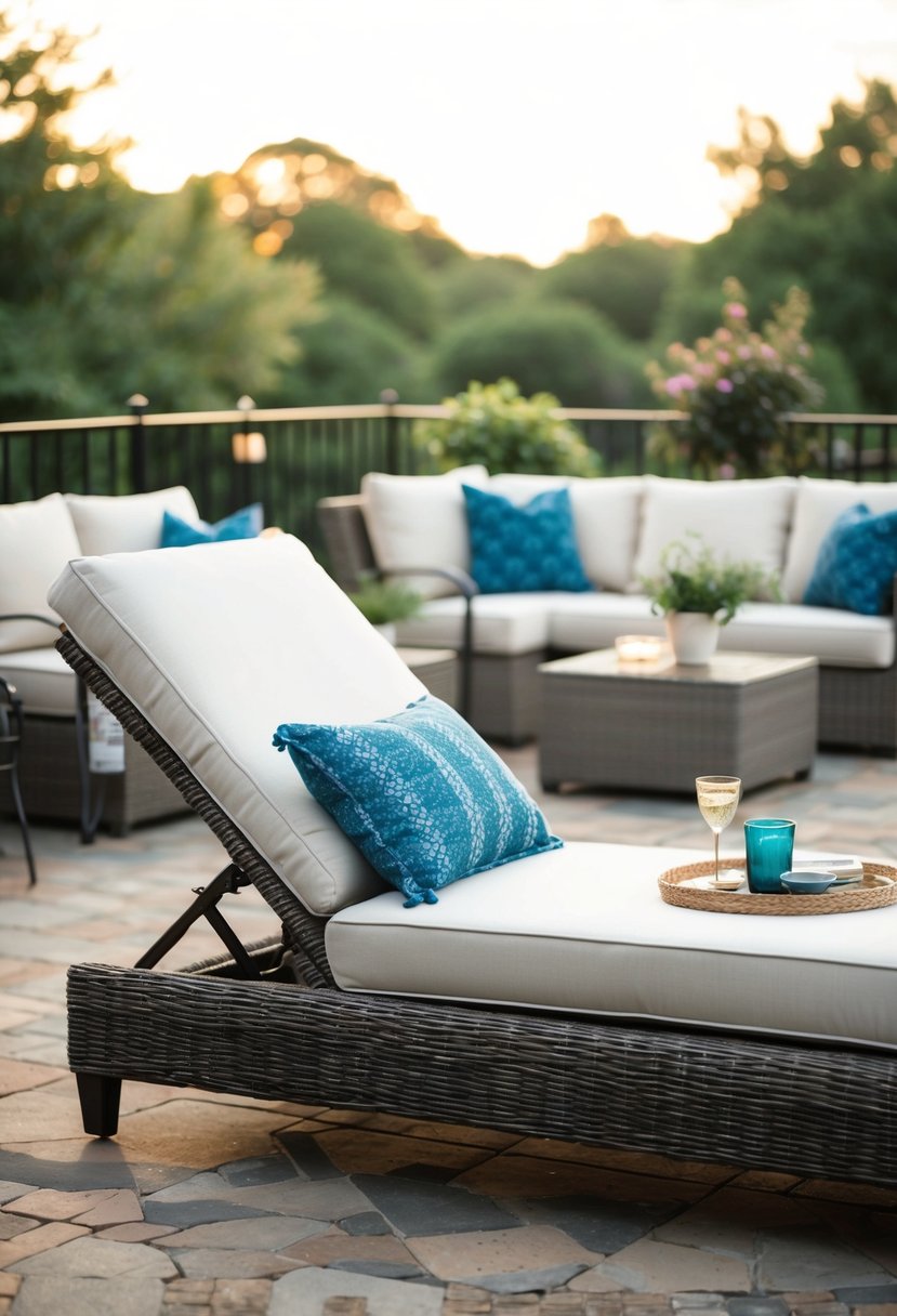 A chaise lounge on a patio with surrounding seating and decor