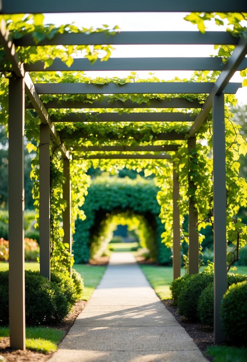 A pergola covered in lush vines stands at the entrance to a garden, creating a natural and inviting pathway