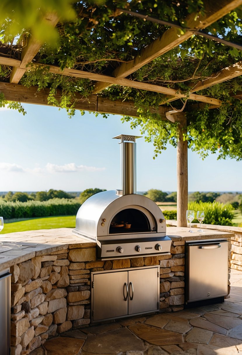 An outdoor kitchen with a BakerStone Box 27 pizza oven, surrounded by a rustic stone patio, lush greenery, and a view of the open sky