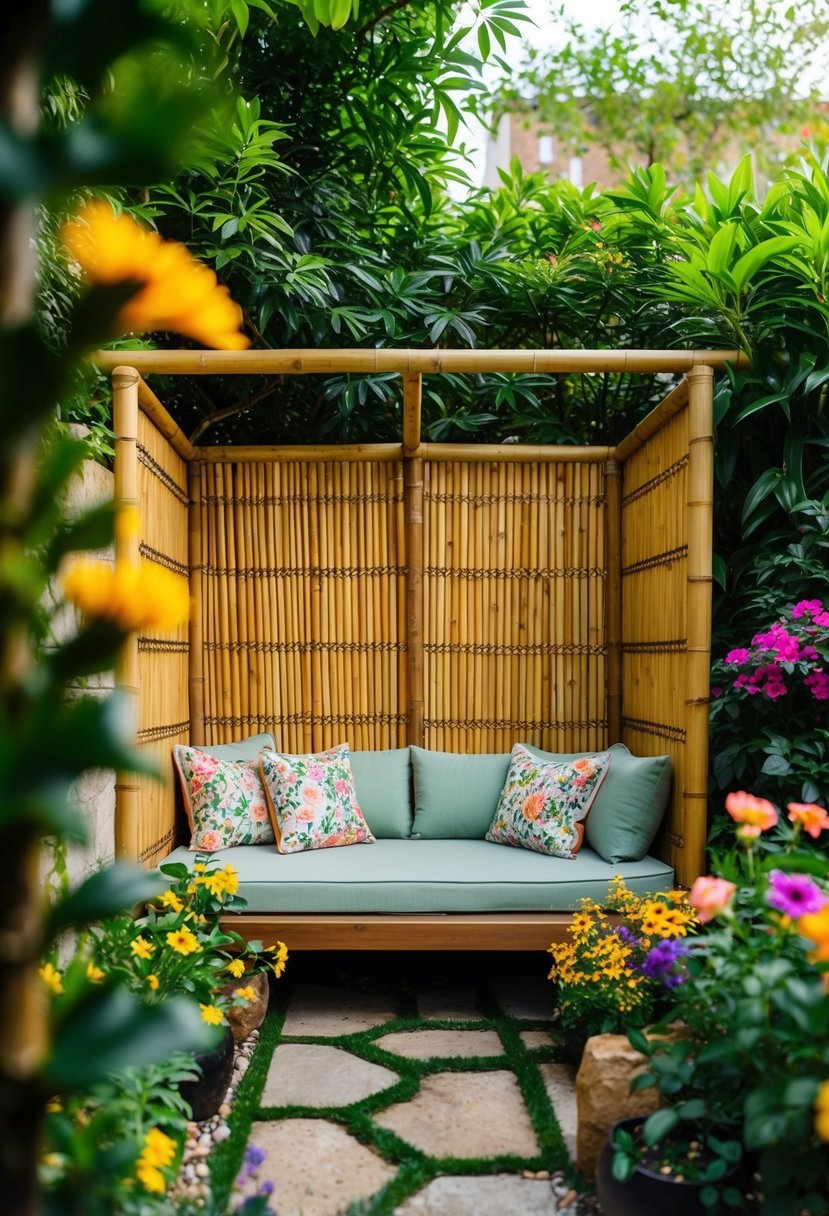 A cozy garden nook with a bamboo privacy screen, surrounded by lush greenery and colorful flowers
