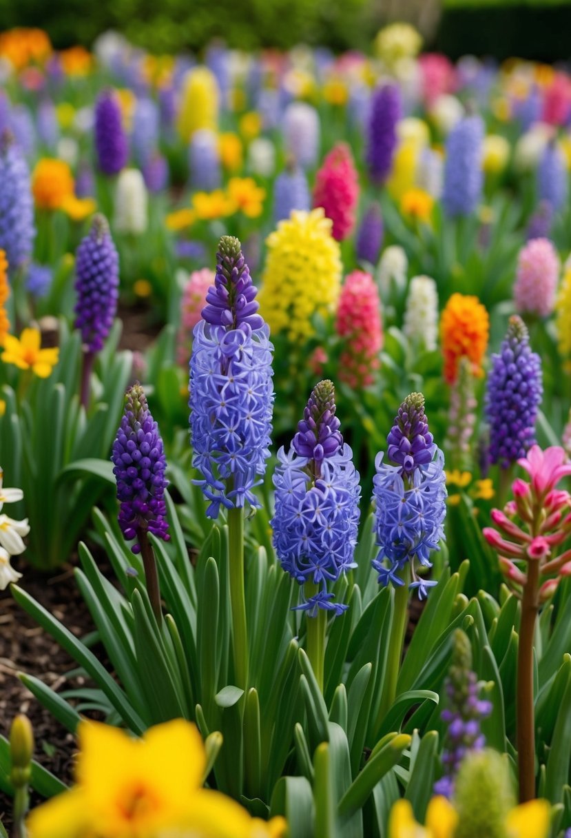 A vibrant field of wild hyacinths and other colorful flowers in a garden setting