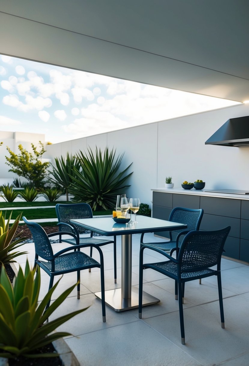 A sleek bistro set sits on a modern outdoor patio, surrounded by minimalist landscaping and sleek, contemporary kitchen elements