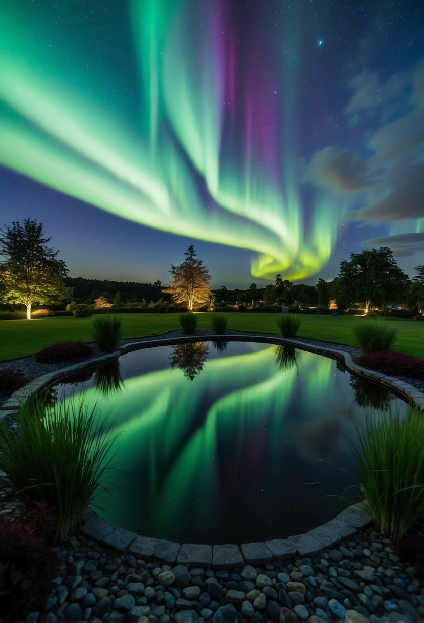A tranquil pond surrounded by 25 garden ponds at night, with a mesmerizing display of the aurora borealis projected onto the water's surface