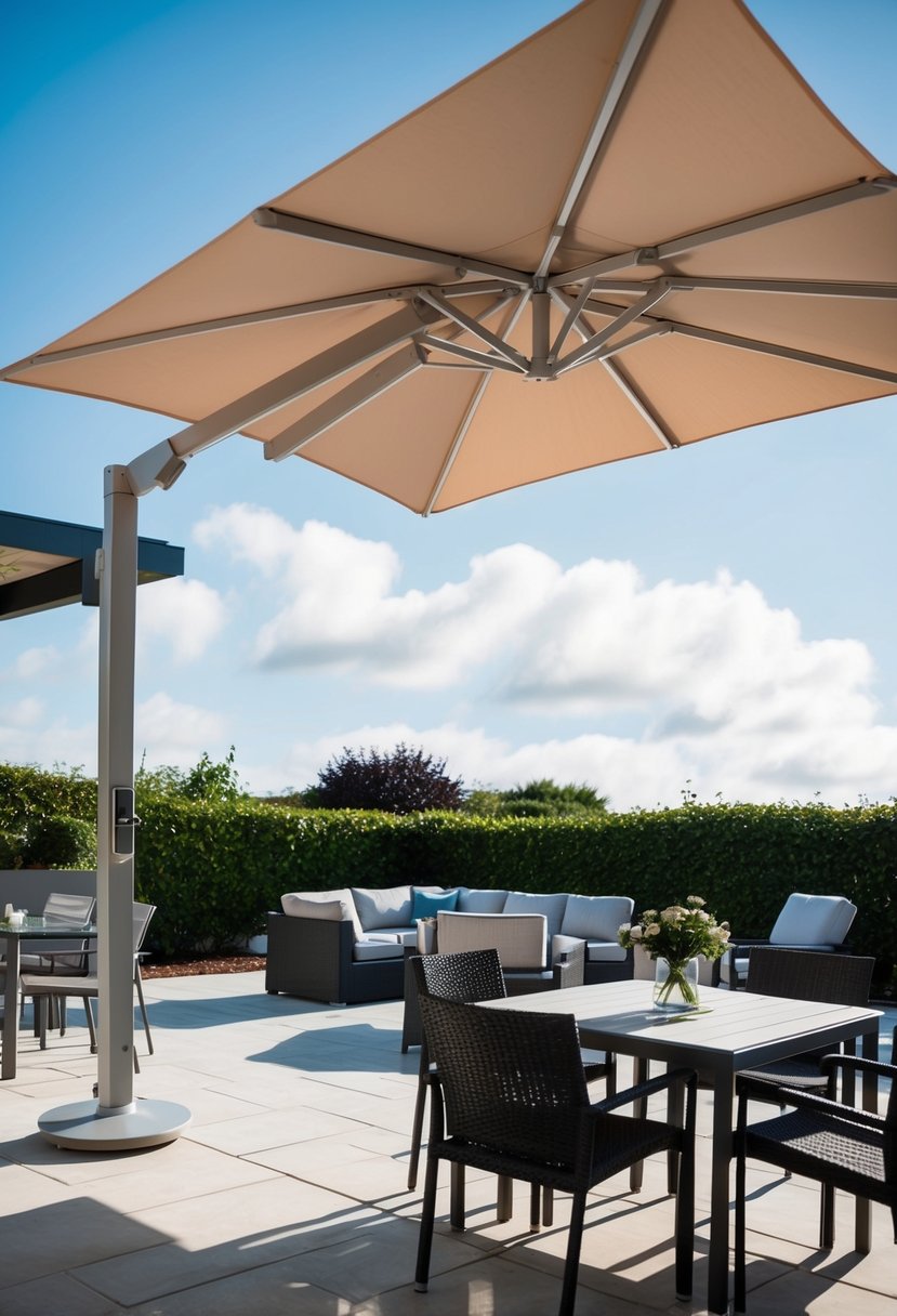 A spacious patio with a modern cantilever parasol providing shade for various seating arrangements